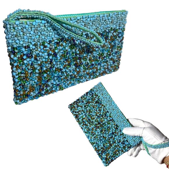 Handcrafted Beaded Clutch Bag Turquoise & Brown Beads Boho Chic Evening Purse - Picture 1 of 9